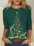 Christmas Tree Print Crew Neck T-shirt Holiday Xmas Jersey Micro-Elasticity Loose Long Sleeve T-shirt