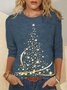 Christmas Tree Print Crew Neck T-shirt Holiday Xmas Jersey Micro-Elasticity Loose Long Sleeve T-shirt