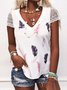 Casual Feather Short Sleeve V Neck Plus Size Printed T-shirts