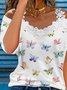 Butterfly Printed Lace Off The Shoulder Casual Loosen Short Sleeve T-shirt
