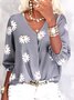 Floral Loosen Bishop Sleeves V Neck Shirts & Tops