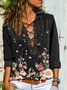 Floral Long Sleeve Cross Lace-up V Neck Plus Size Casual Tops
