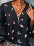 Butterfly Casual Loosen V Neck Zipper Long Sleeves Shirts & Tops