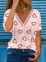Casual Short Sleeve V Neck Heart Printed Top T-shirt