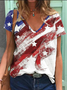 Casual V Neck Short Sleeve Shift Abstract Print Independence Day Shirt With America Flag