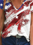 Casual V Neck Short Sleeve Shift Abstract Print Independence Day Shirt With America Flag