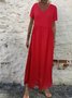 Zolucky Woman Short Sleeve Cotton-Blend V Neck Plain Casual Weaving Dress