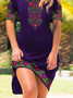Vacation Tribal Floral Boho Loosen V Neck Short Sleeve Midi Knit Dress