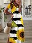 Casual Sunflower Short Sleeve V Neck Plus Size Printed Dress