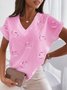 Heart Print Valentine's Day V Neck Fit Tunic Daily Casual Jersey Short Sleeve T-shirt