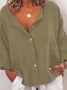 zolucky Women Casual Solid V Neck Cotton Long Sleeve Buttoned Top