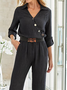 Casual Plain Autumn Polyester V neck Natural Long sleeve H-Line Regular Jumpsuit & Romper for Women