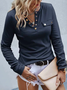 Casual Plain Autumn Micro-Elasticity Loose Jersey Long sleeve Notched Regular T-shirt for Women