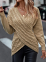 Daily Plain Casual Cross V Neck Tunic Winter Knitted Loose Long Sleeve Sweater