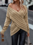 Daily Plain Casual Cross V Neck Tunic Winter Knitted Loose Long Sleeve Sweater