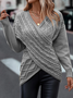 Daily Plain Casual Cross V Neck Tunic Winter Knitted Loose Long Sleeve Sweater