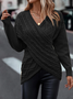 Daily Plain Casual Cross V Neck Tunic Winter Knitted Loose Long Sleeve Sweater