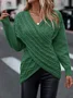 Daily Plain Casual Cross V Neck Tunic Winter Knitted Loose Long Sleeve Sweater