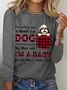 Women's Funny Word I'm A Baby Best Dog Mom Plaid Simple Cotton-Blend Animal Crew Neck Long Sleeve Top