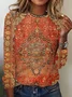 Mystery Mandala Printed Loose Crew Neck Ethnic Casual Long Sleeve T-Shirt