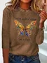 Butterfly Logo Long Sleeve Loose Crew Neck Casual T-Shirt