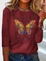 Butterfly Logo Long Sleeve Loose Crew Neck Casual T-Shirt