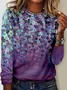 Women's Art Purple Flower Print Casual Crew Neck Regular Fit Plants Shirt