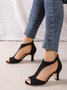 Black Suede Cutout Strap Peep Toe Mid Heel Sandals