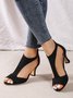 Black Suede Cutout Strap Peep Toe Mid Heel Sandals