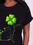 St. Patrick's Day Cat And Four-leaf Clover Short Sleeve Crew Neck Casual Tunic T-Shirt