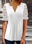 Notched Plain Jersey Patchwork lace Casual Tunic Blouses