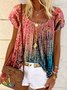 Casual Loose Crew Neck Abstract Printed Blouses