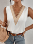 Casual Plain V Neck Lace Edge Tank Top