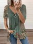 Zipper Floral V Neck Casual T-Shirt