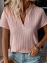 Striped Basic Loose Casual V Neck Plain Short Sleeve Shirt