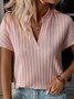 Striped Basic Loose Casual V Neck Plain Short Sleeve Shirt