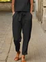Casual Plain Short Sleeve Buckle Asymmetrical Collar Lace-up Top With Pockets Pants Two-Piece Set