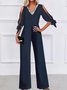 Plain Lace-up Half Sleeve Glitter V Neck Casual Jumpsuit