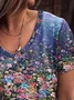 Plus Size Floral V Neck Floral-Print Casual T-shirt