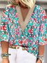 Plus Size Random Print Lace Edge Vacation V Neck Shirt