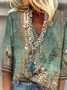 V Neck Loose Casual Vintage Floral Printed Half Sleeve Shirt