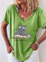 Women's Read More Worry Less Cute Cat Print Casual V Neck T-Shirt