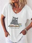 Women's Read More Worry Less Cute Cat Print Casual V Neck T-Shirt