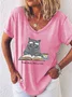 Women's Read More Worry Less Cute Cat Print Casual V Neck T-Shirt