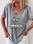 Women's Read More Worry Less Cute Cat Print Casual V Neck T-Shirt