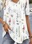 V Neck Casual Loose Floral Printed Short Sleeve H-Line Shirt