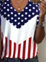 Striped Loose Casual V Neck Independence Day Shirt With America Flag