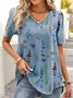 V Neck Casual Loose Floral Printed Short Sleeve H-Line Shirt