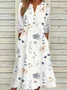 Floral Notched Neck Casual Loose Jersey Buckle Long Sleeve Midi Dress
