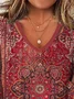 Mystery Mandala Printed Casual Loose Knitted Ethnic V Neck Flared Cuffs 3/4 Sleeve T-Shirt